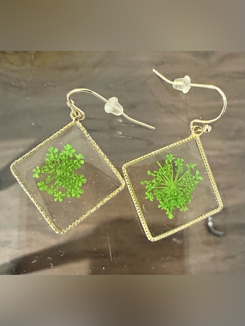 Gold Square Resin Drop Earrings with Green Botanical Inlay